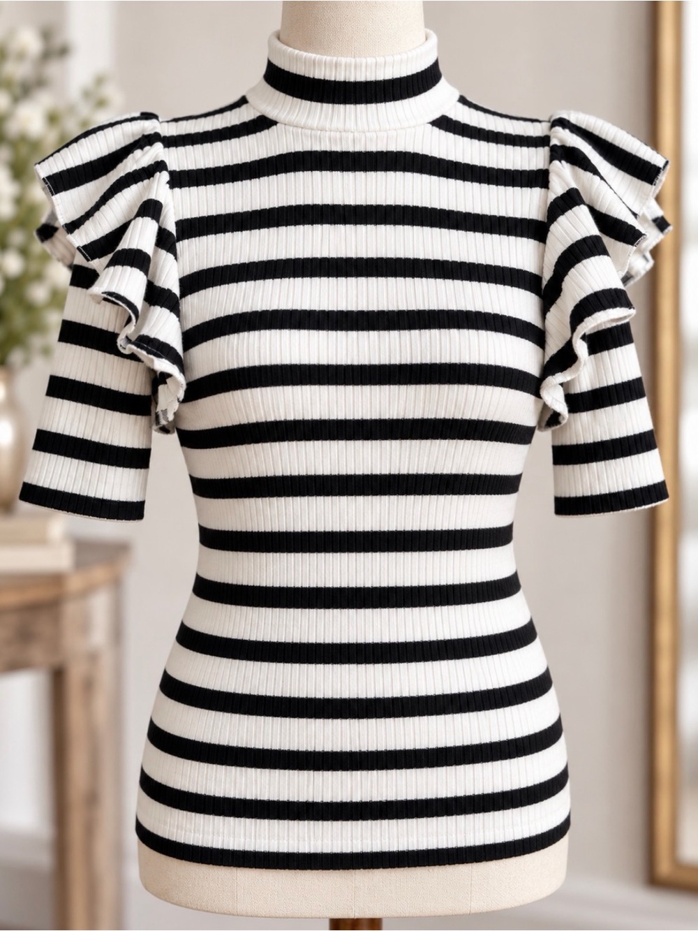 Ann Taylor Striped Knit Top Ruffle Sleeve Mock Neck Small